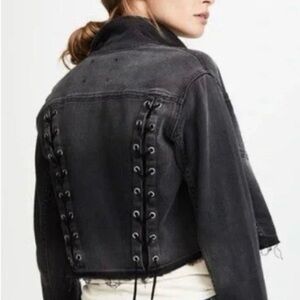 L'AGENCE Black Washed Denim Lace-Up Back Jean Jacket